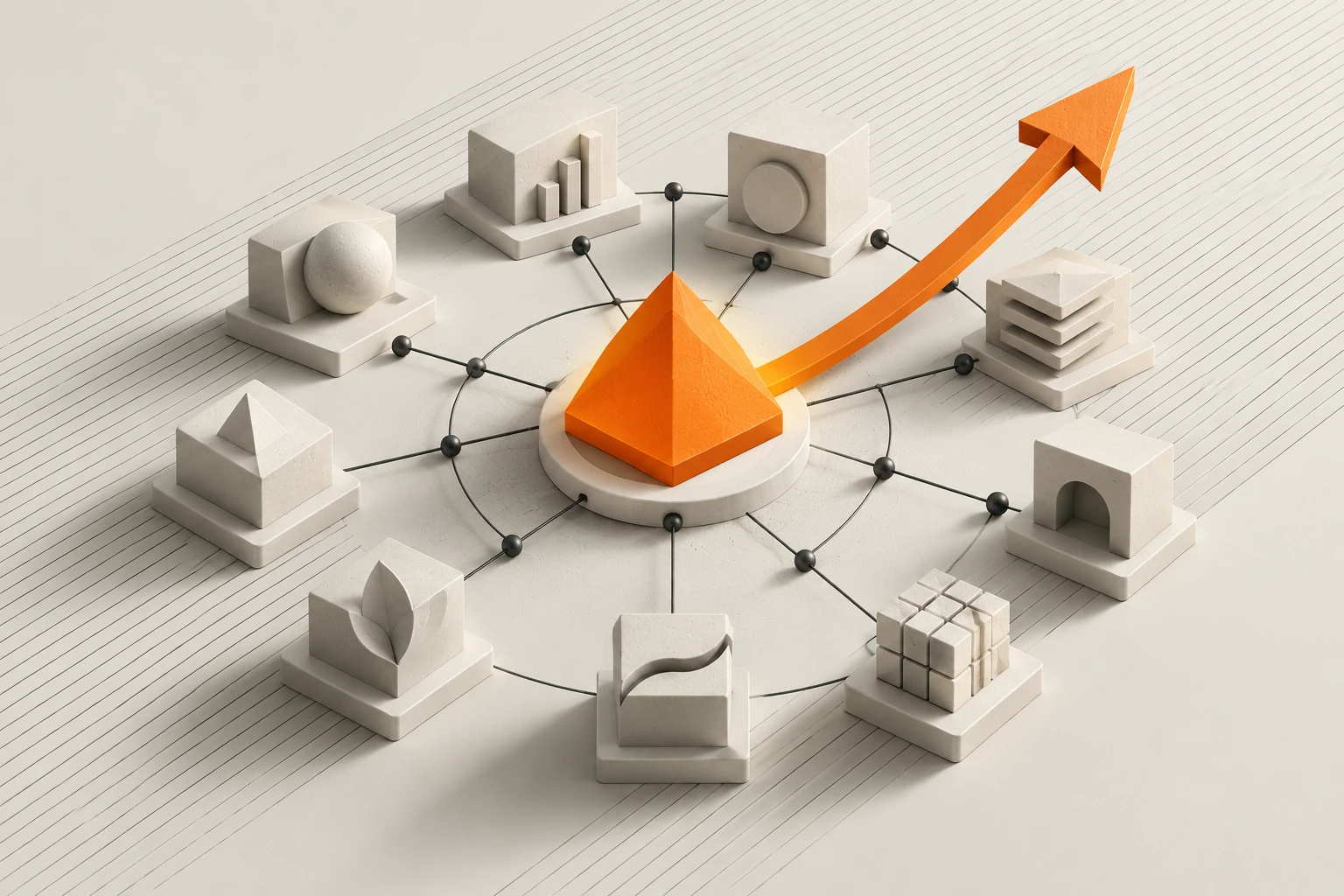 Illustration : un prisme orange relie des blocs de connaissances.